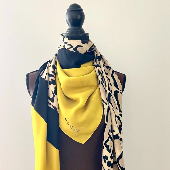 New Gucci Oversize Shawl Leopard Print Silk Yellow Wrap Scarf - Picture 15 of 16